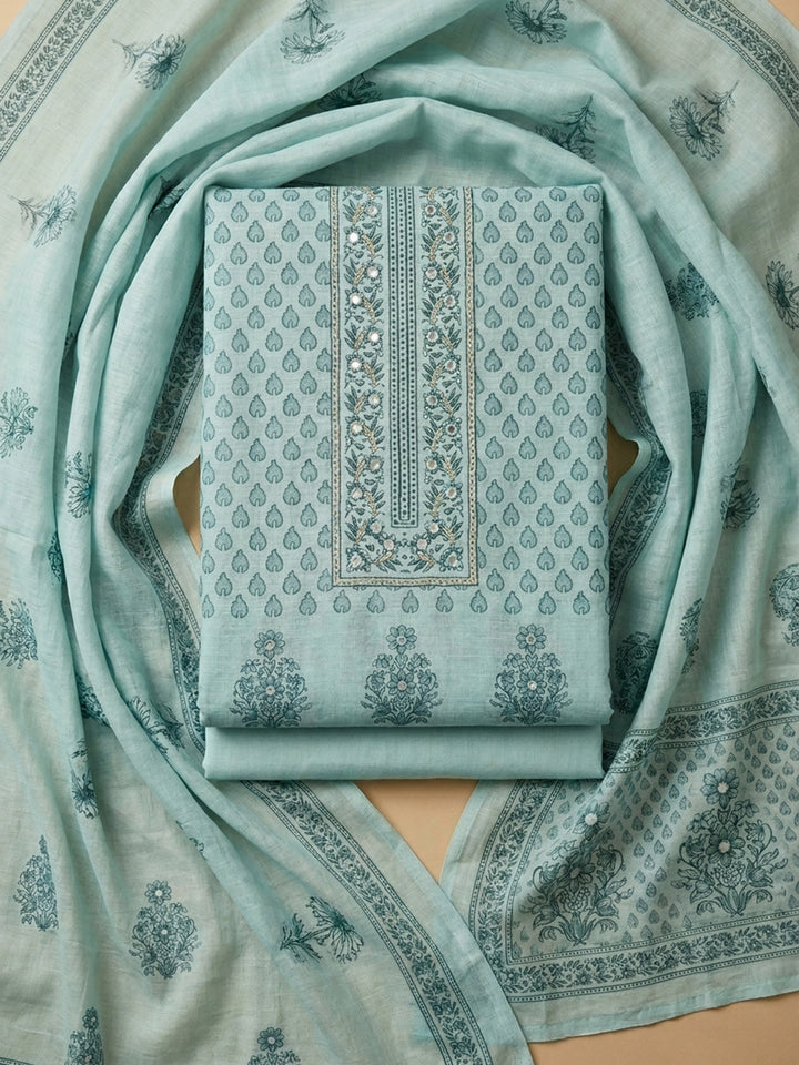 Aqua Blue Printed Linen Blend Unstitched Suit With Pant &amp; Dupatta