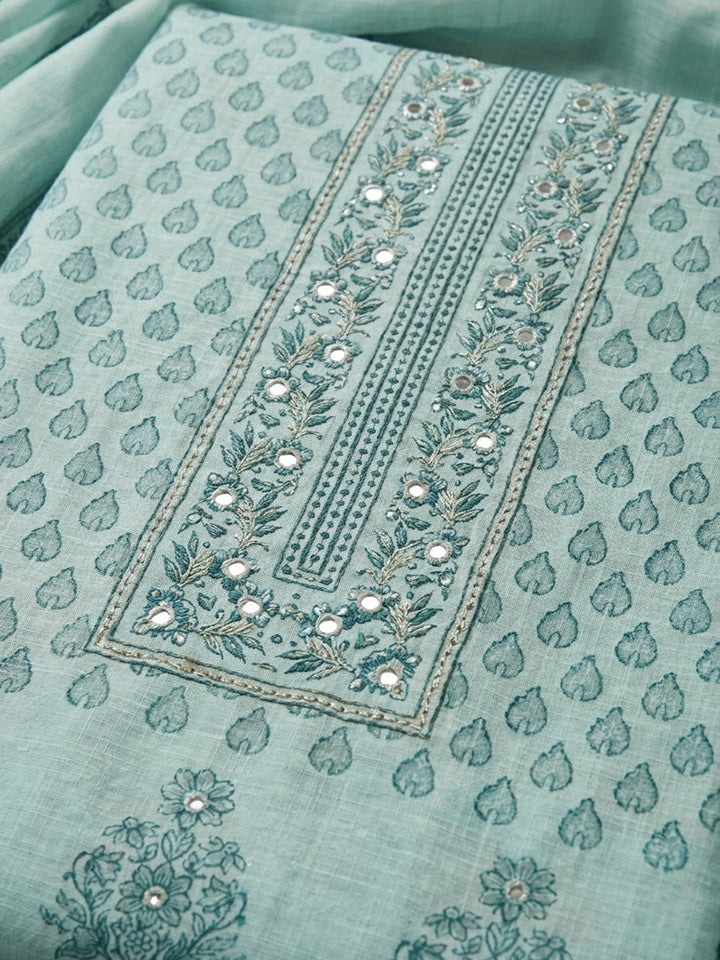Aqua Blue Printed Linen Blend Unstitched Suit With Pant &amp; Dupatta