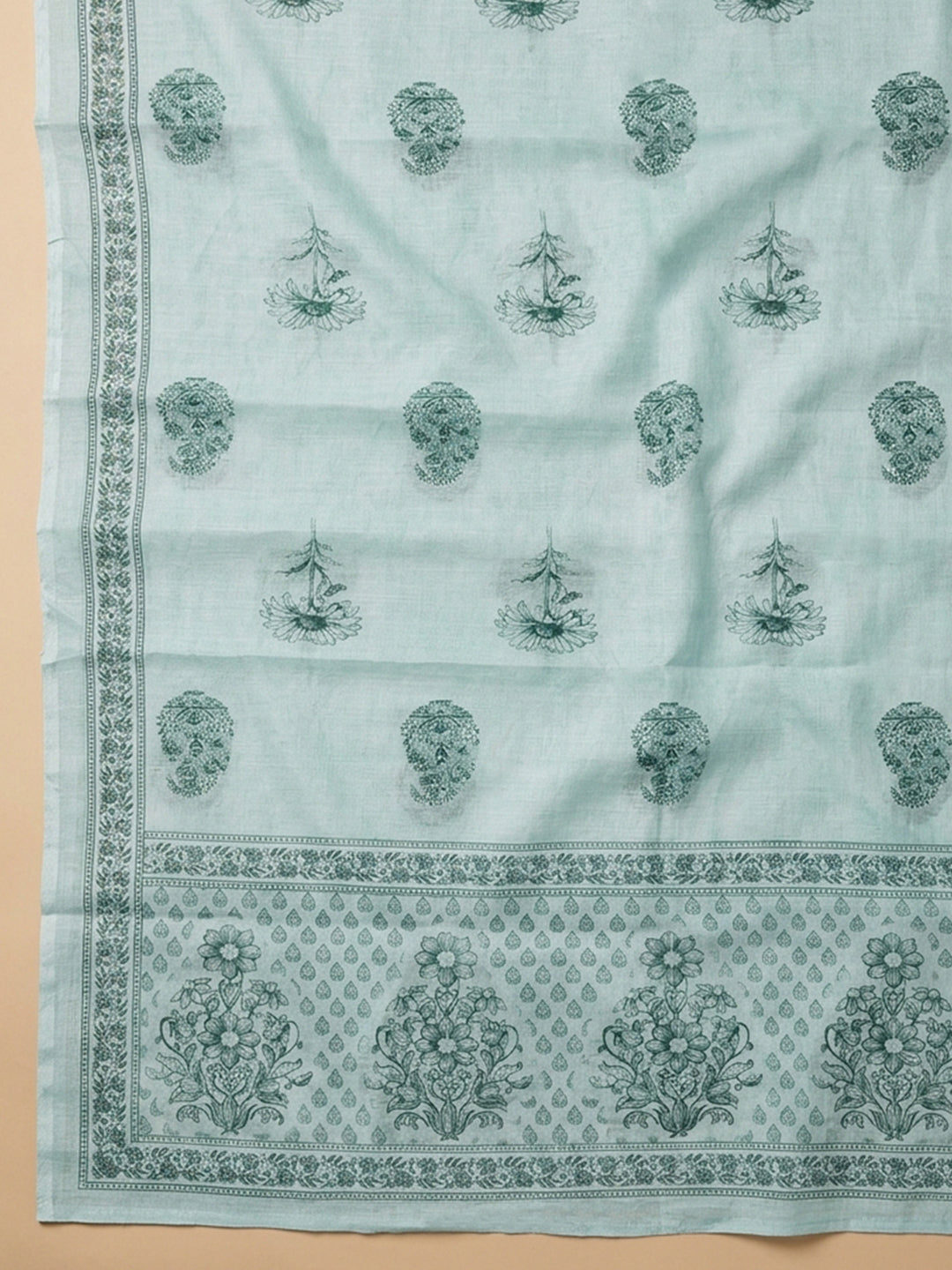 Aqua Blue Printed Linen Blend Unstitched Suit With Pant &amp; Dupatta