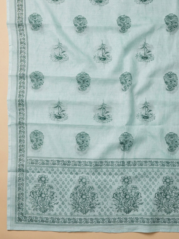 Aqua Blue Printed Linen Blend Unstitched Suit With Pant &amp; Dupatta