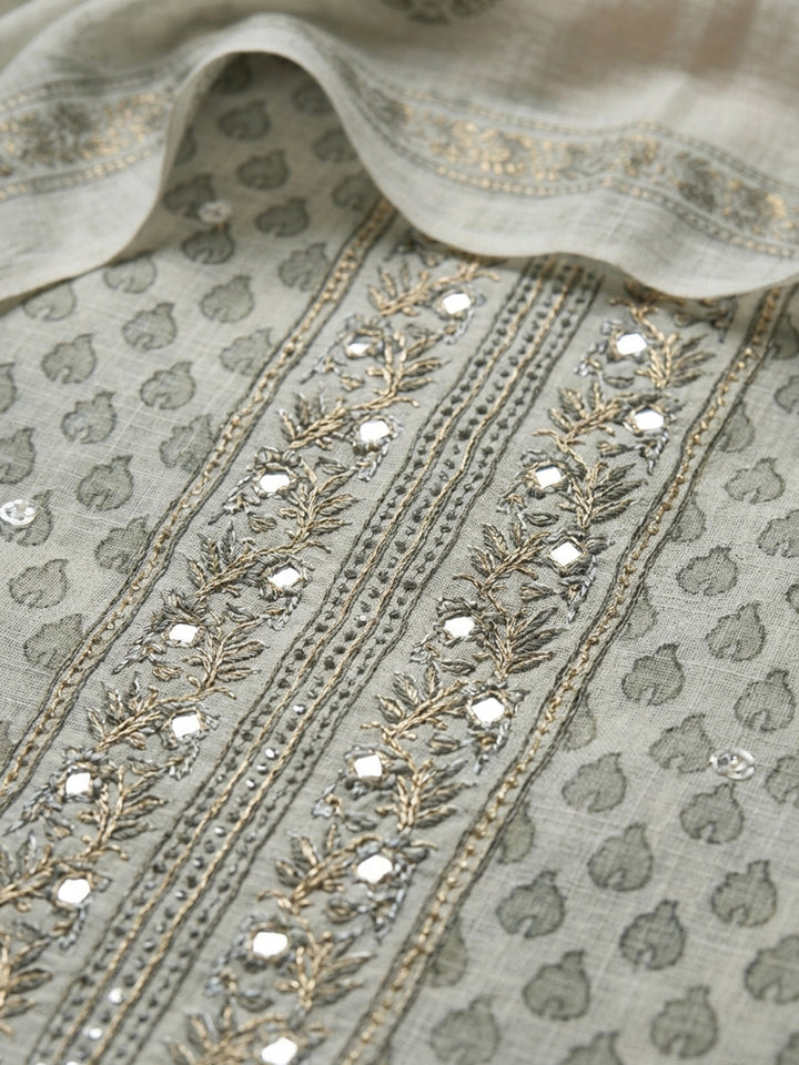Aqua Green Printed Linen Blend Unstitched Suit With Pant &amp; Dupatta