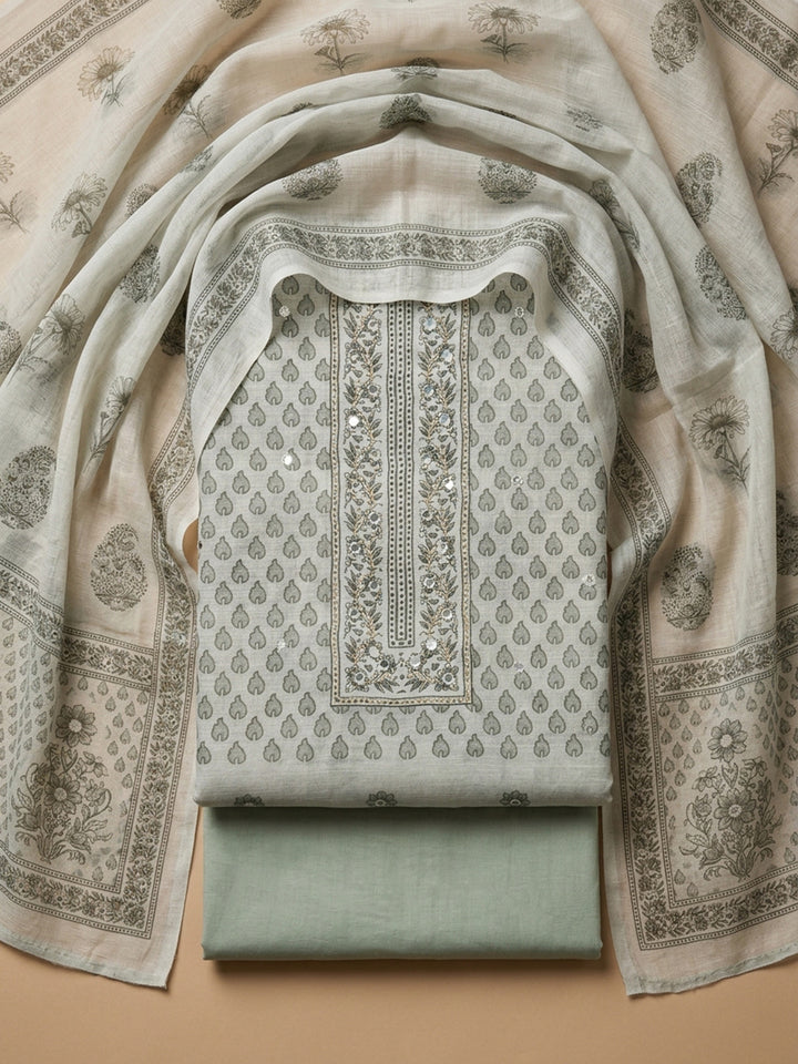 Aqua Green Printed Linen Blend Unstitched Suit With Pant &amp; Dupatta