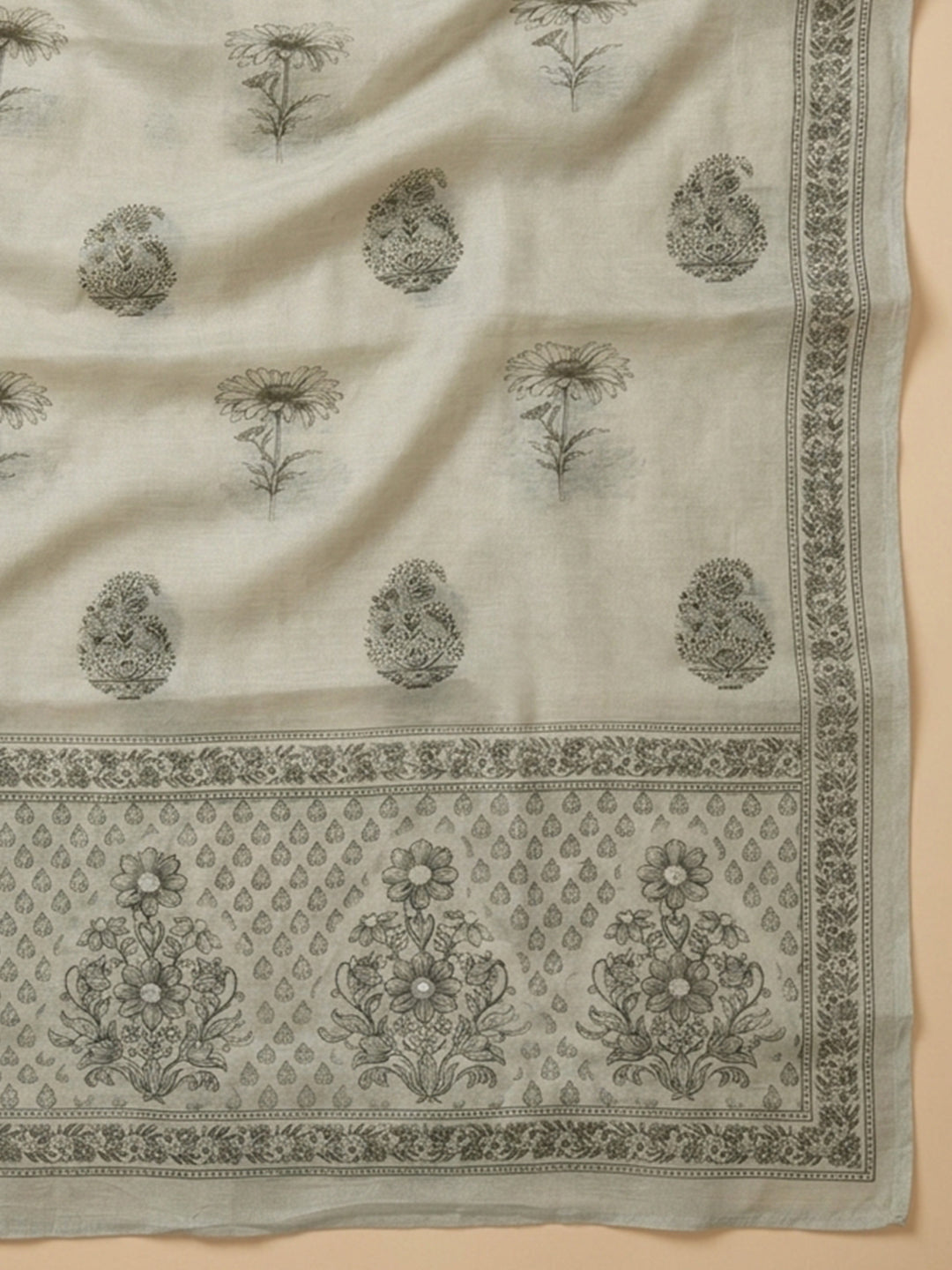 Aqua Green Printed Linen Blend Unstitched Suit With Pant &amp; Dupatta