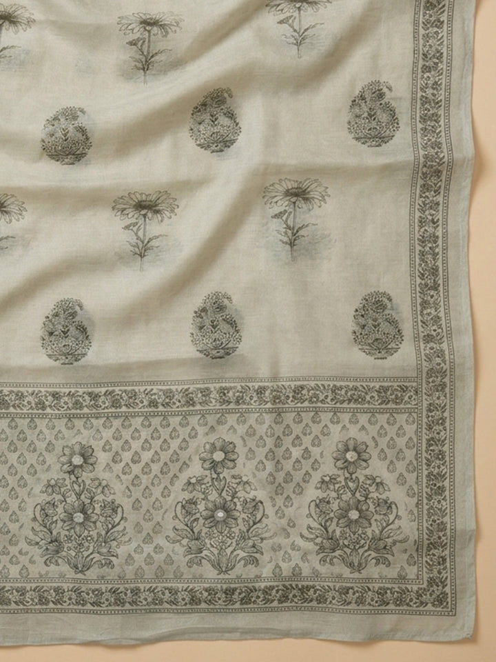 Aqua Green Printed Linen Blend Unstitched Suit With Pant &amp; Dupatta