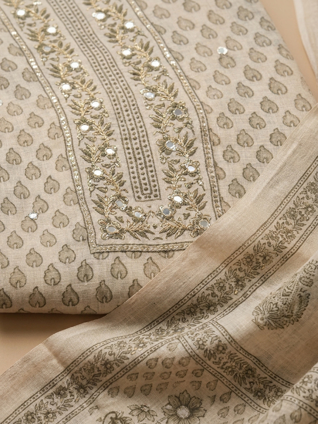 Beige Printed Linen Blend Unstitched Suit With Pant &amp; Dupatta