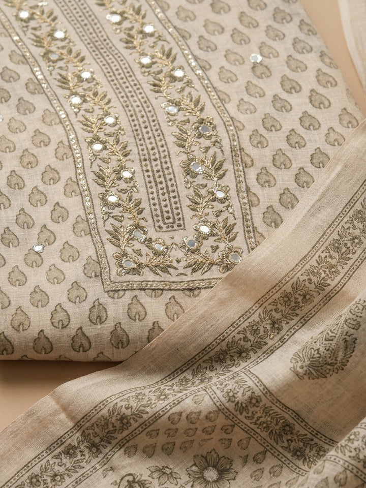 Beige Printed Linen Blend Unstitched Suit With Pant &amp; Dupatta