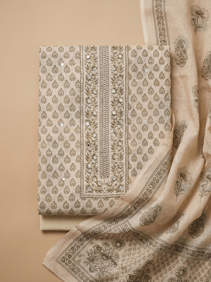 Beige Printed Linen Blend Unstitched Suit With Pant &amp; Dupatta