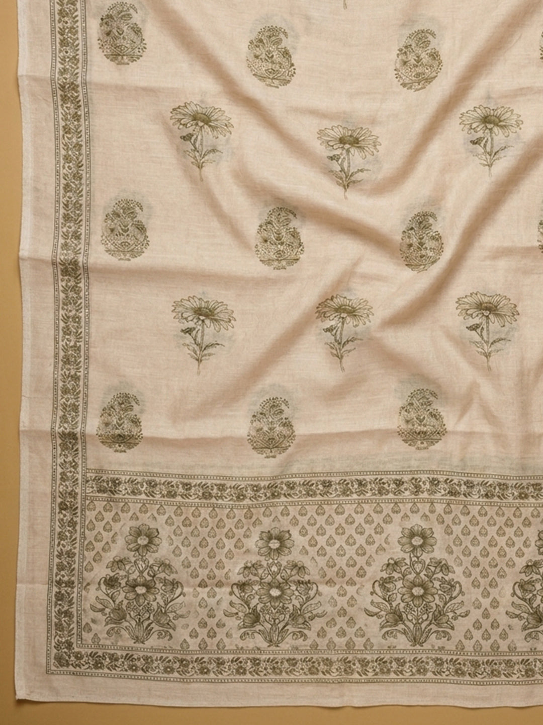 Beige Printed Linen Blend Unstitched Suit With Pant &amp; Dupatta