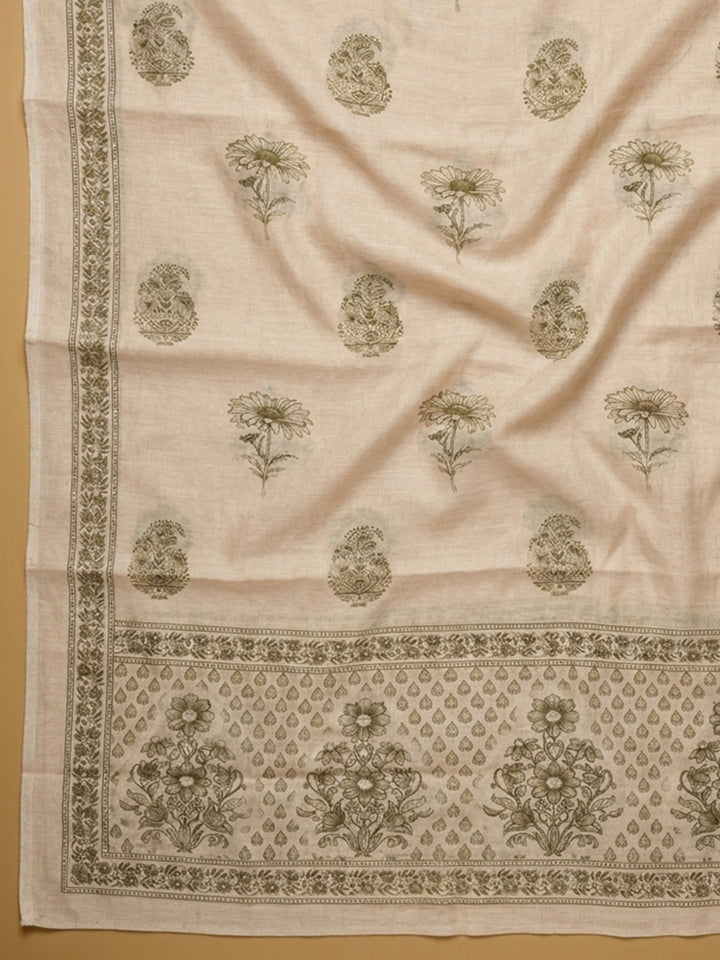 Beige Printed Linen Blend Unstitched Suit With Pant &amp; Dupatta