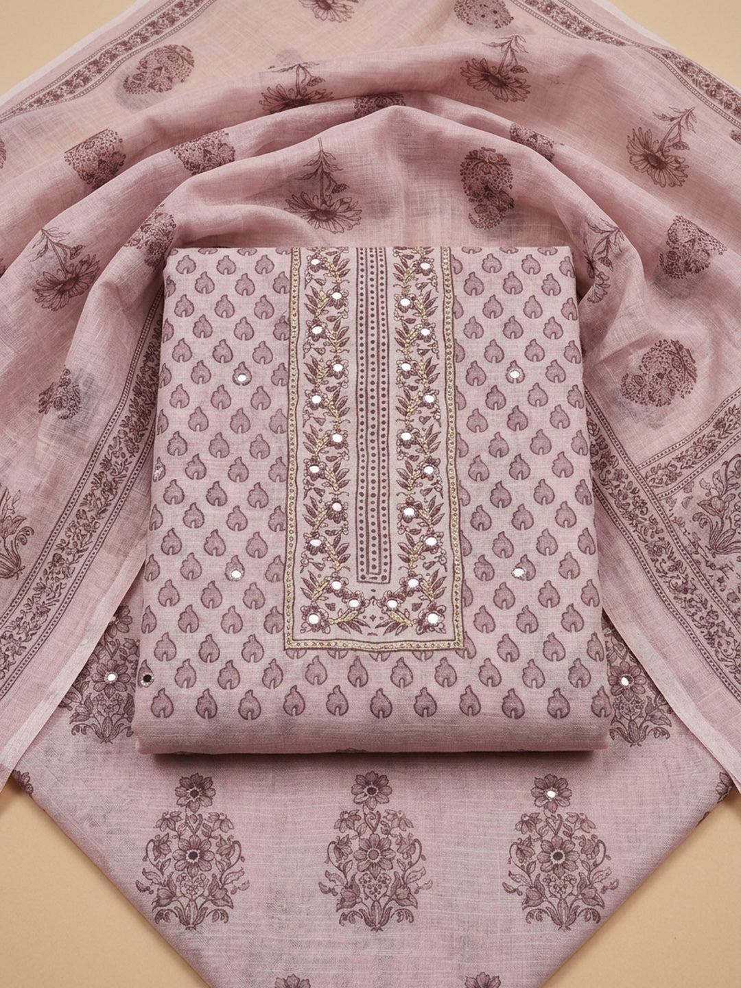 Dusty Pink Printed Linen Blend Unstitched Suit With Pant &amp; Dupatta
