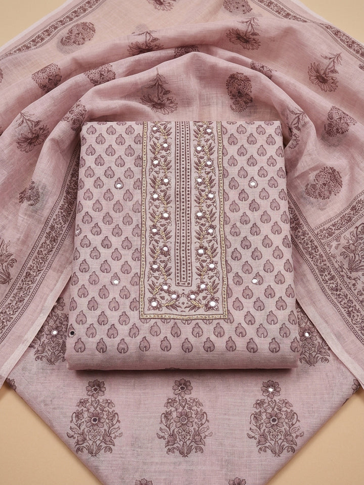 Dusty Pink Printed Linen Blend Unstitched Suit With Pant &amp; Dupatta