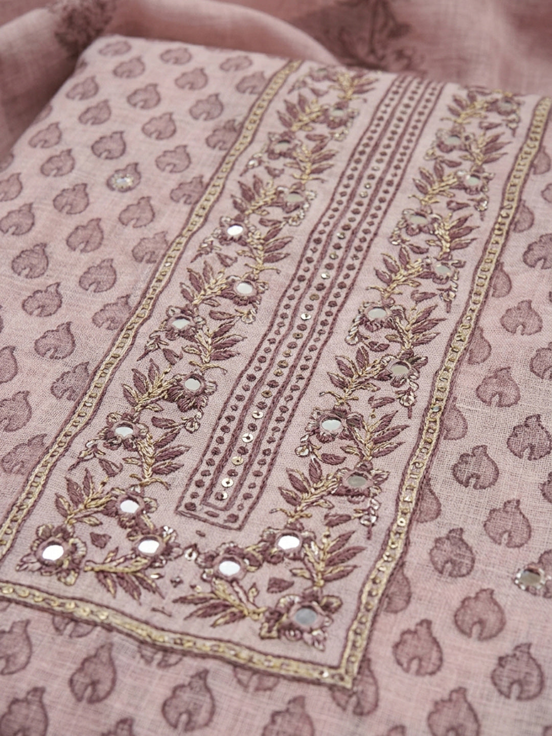 Dusty Pink Printed Linen Blend Unstitched Suit With Pant &amp; Dupatta