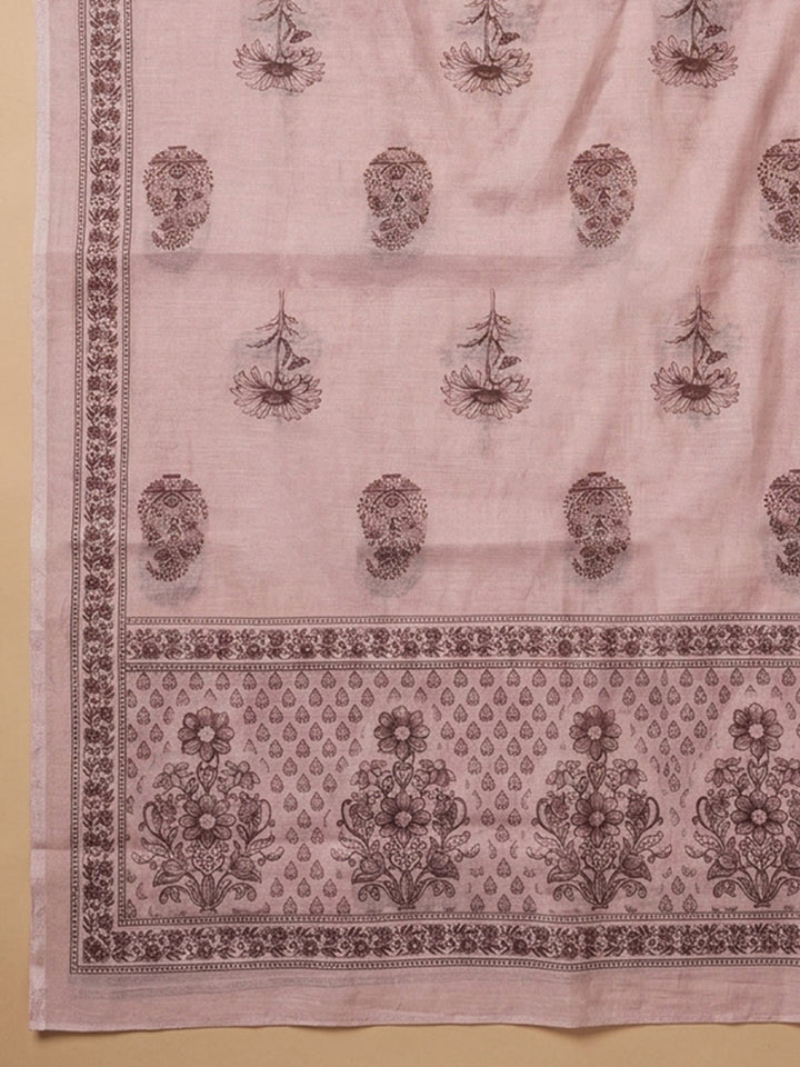 Dusty Pink Printed Linen Blend Unstitched Suit With Pant &amp; Dupatta
