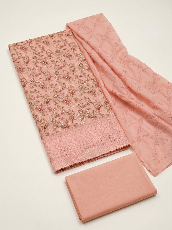 Peach Printed Cotton Blend Unstitched Suit &amp; Pant With Cotton Dupatta