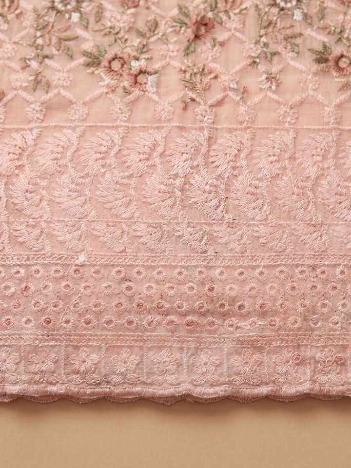 Peach Printed Cotton Blend Unstitched Suit &amp; Pant With Cotton Dupatta