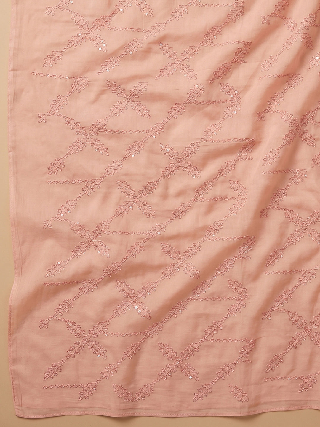 Peach Printed Cotton Blend Unstitched Suit &amp; Pant With Cotton Dupatta