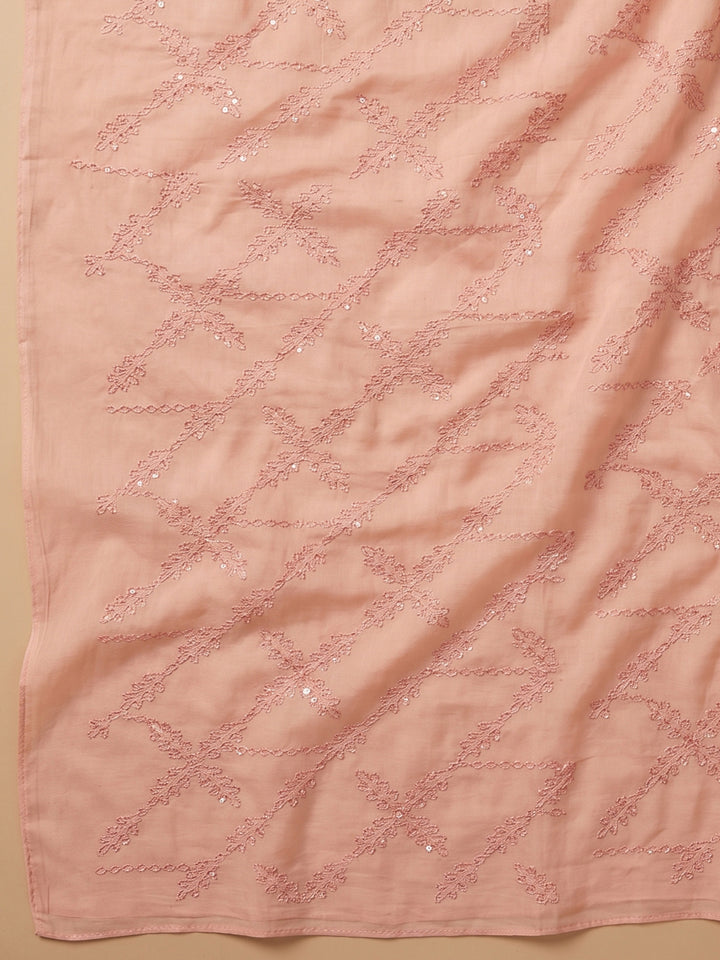 Peach Printed Cotton Blend Unstitched Suit &amp; Pant With Cotton Dupatta