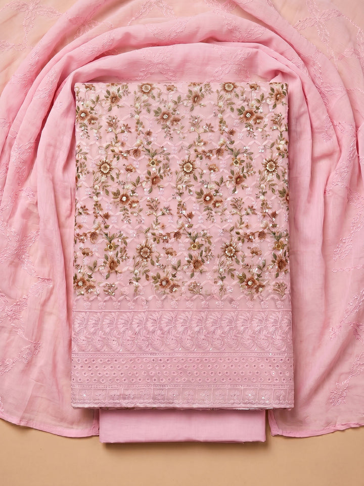 Pink Printed Cotton Blend Unstitched Suit &amp; Pant With Cotton Dupatta