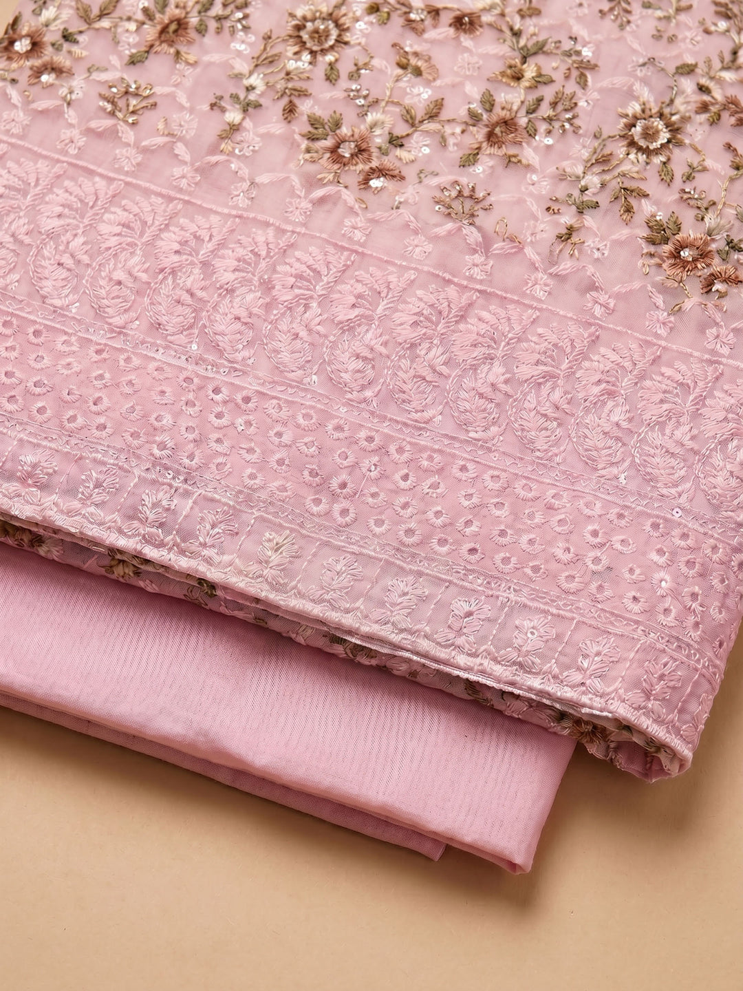 Pink Printed Cotton Blend Unstitched Suit &amp; Pant With Cotton Dupatta