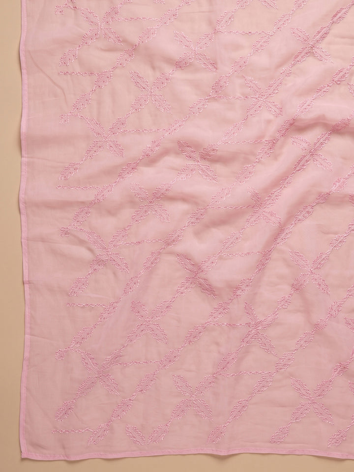 Pink Printed Cotton Blend Unstitched Suit &amp; Pant With Cotton Dupatta