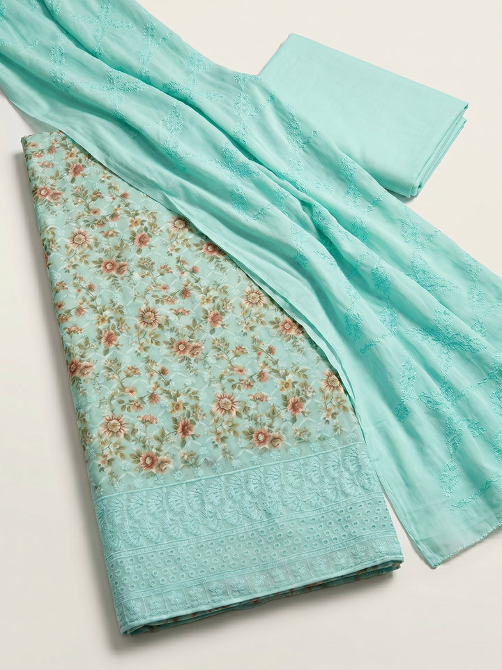 Sea Green Printed Cotton Blend Unstitched Suit &amp; Pant With Cotton Dupatta