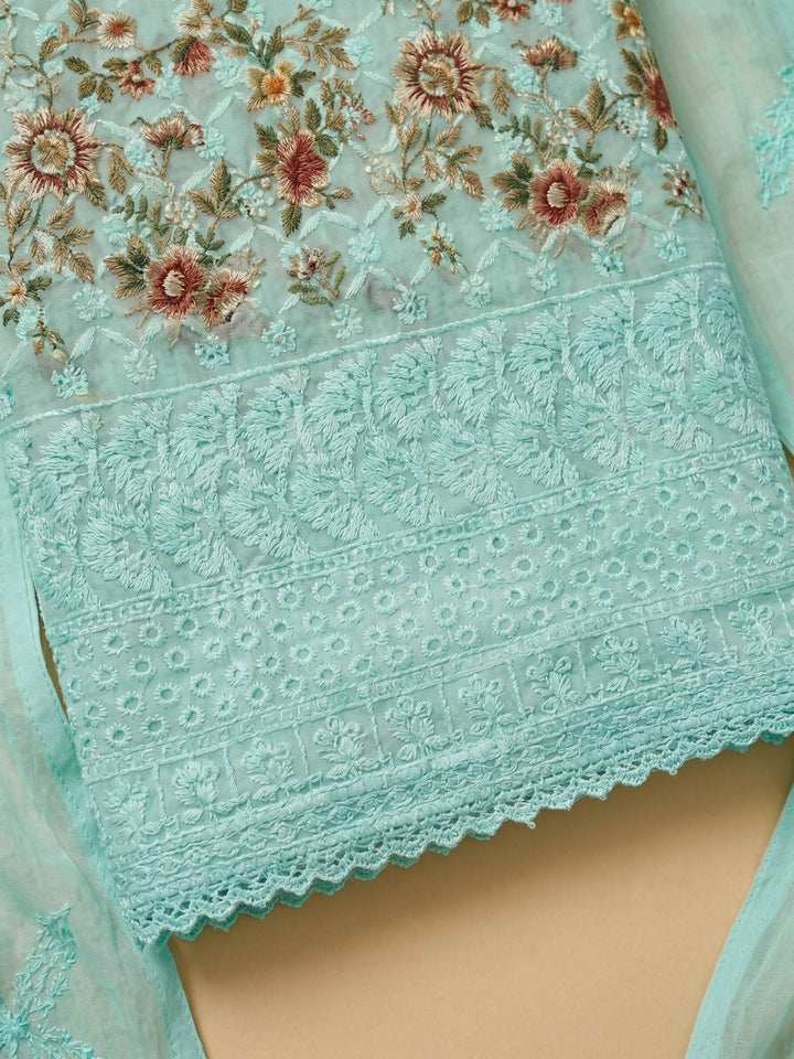 Sea Green Printed Cotton Blend Unstitched Suit &amp; Pant With Cotton Dupatta