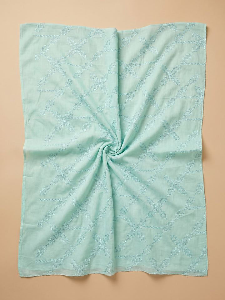 Sea Green Printed Cotton Blend Unstitched Suit &amp; Pant With Cotton Dupatta