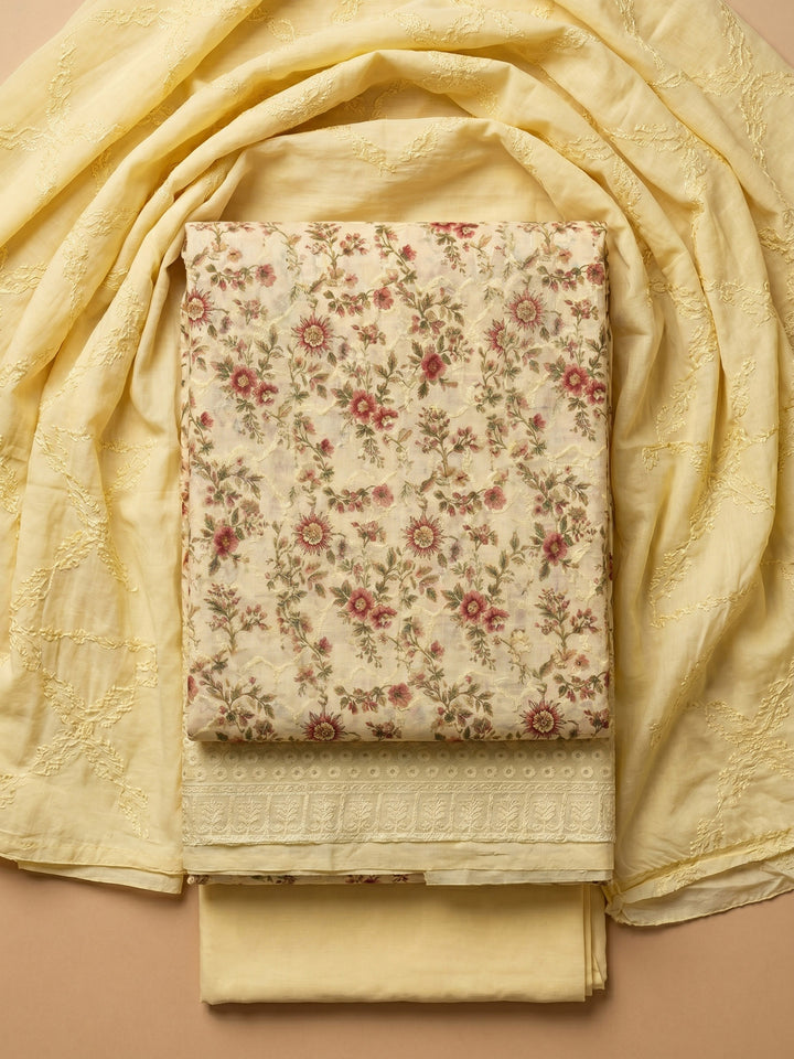 Yellow Printed Cotton Blend Unstitched Suit &amp; Pant With Cotton Dupatta