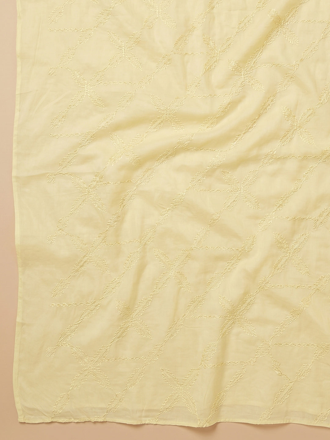 Yellow Printed Cotton Blend Unstitched Suit &amp; Pant With Cotton Dupatta