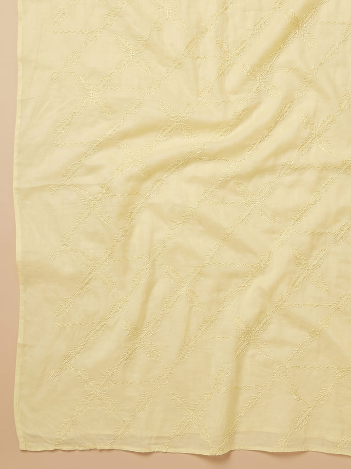 Yellow Printed Cotton Blend Unstitched Suit &amp; Pant With Cotton Dupatta