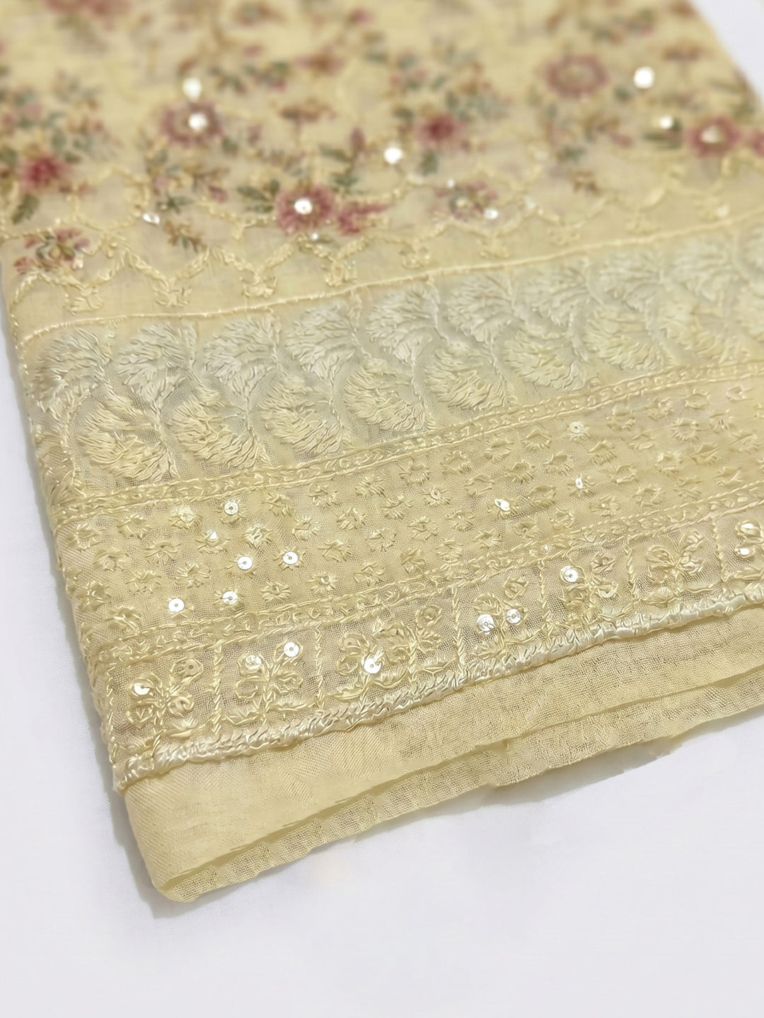 Yellow Printed Cotton Blend Unstitched Suit &amp; Pant With Cotton Dupatta