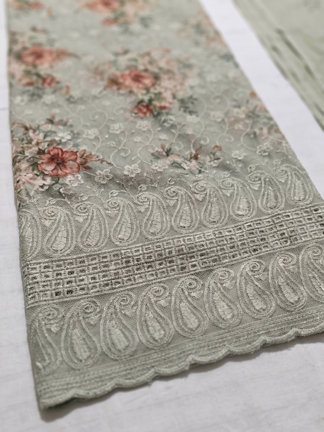 Aqua Embroidered Cotton Blend Unstitched Suit &amp; Pant With Cotton Dupatta