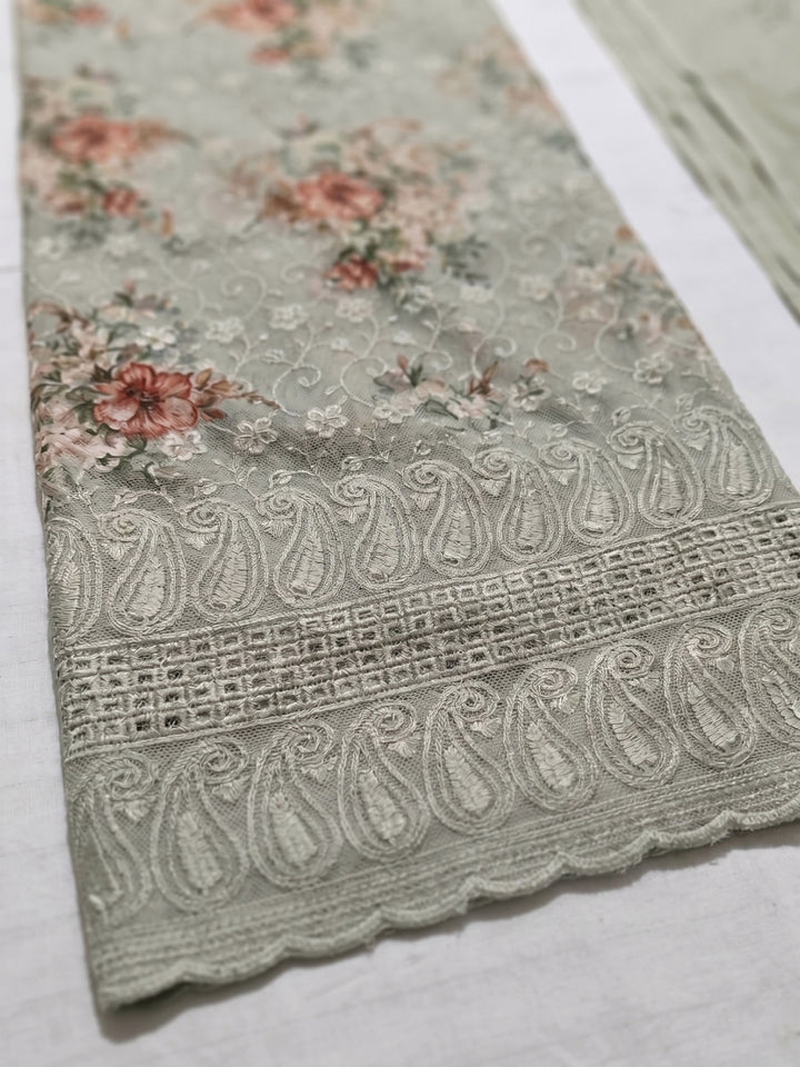 Aqua Embroidered Cotton Blend Unstitched Suit &amp; Pant With Cotton Dupatta