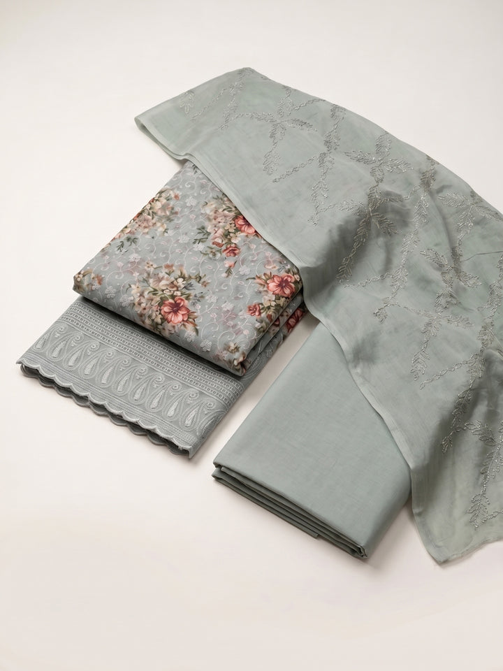 Grey Embroidered Cotton Blend Unstitched Suit &amp; Pant With Cotton Dupatta