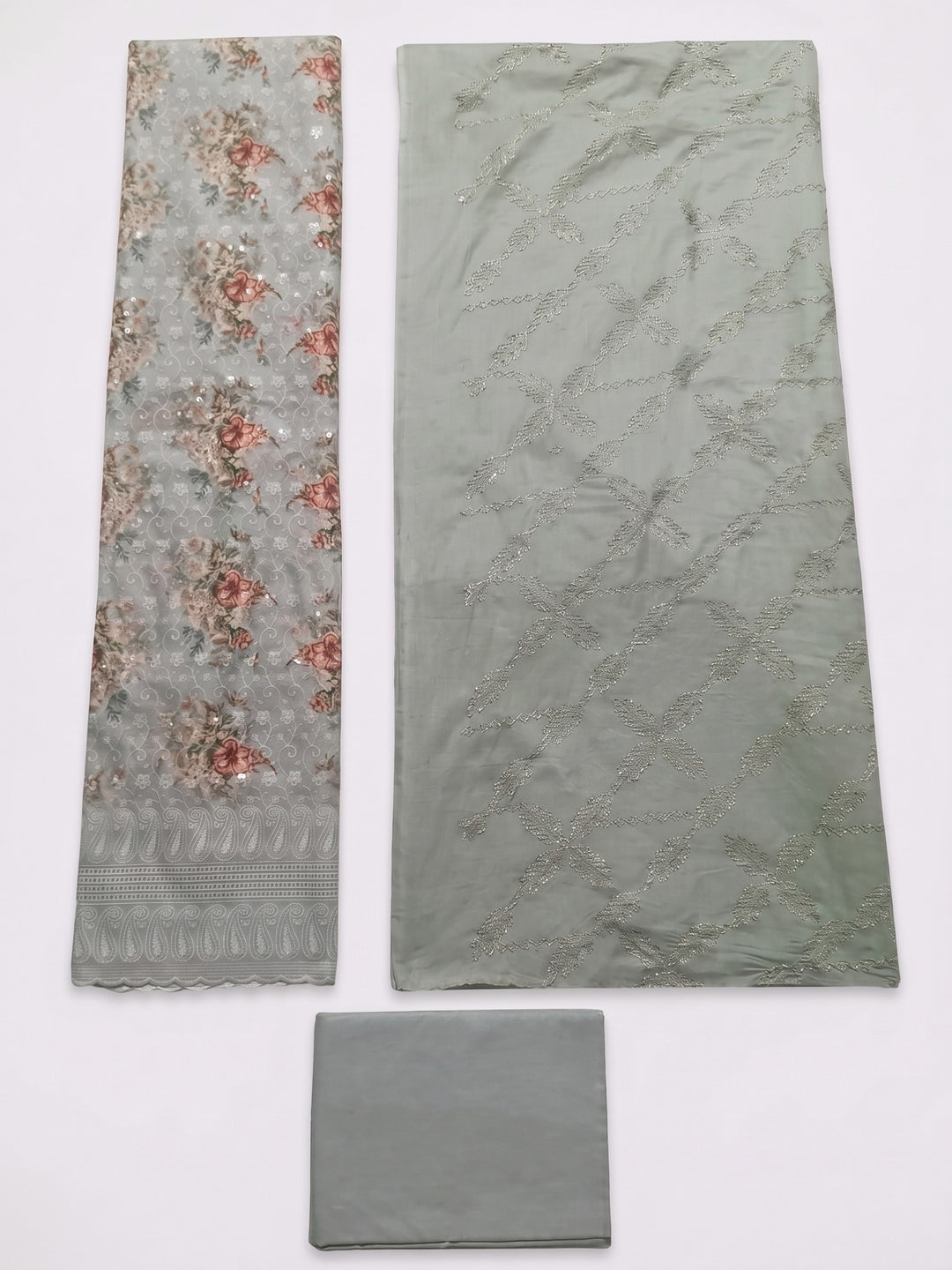 Grey Embroidered Cotton Blend Unstitched Suit &amp; Pant With Cotton Dupatta