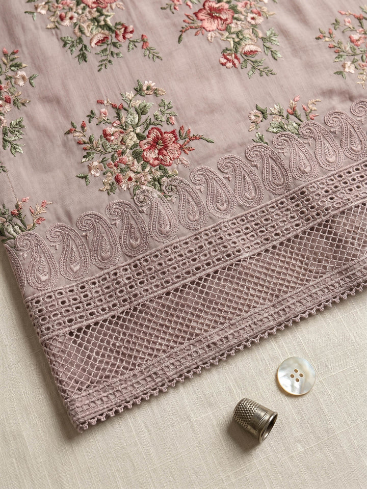 Peach Embroidered Cotton Blend Unstitched Suit &amp; Pant With Cotton Dupatta