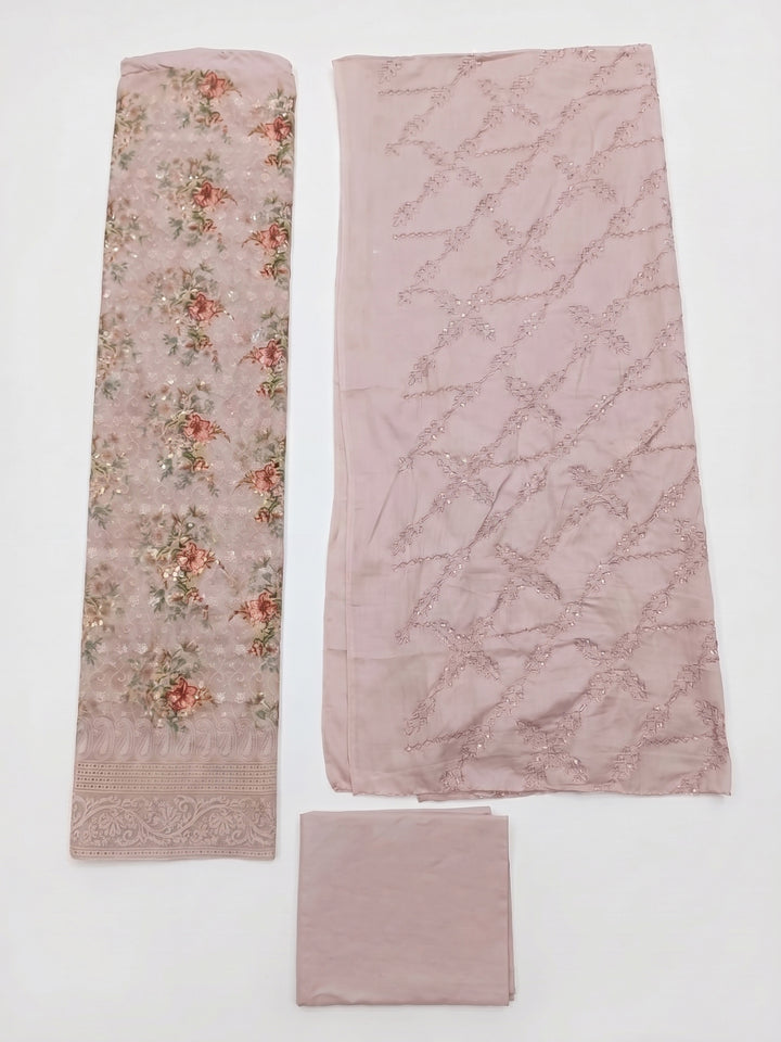Peach Embroidered Cotton Blend Unstitched Suit &amp; Pant With Cotton Dupatta