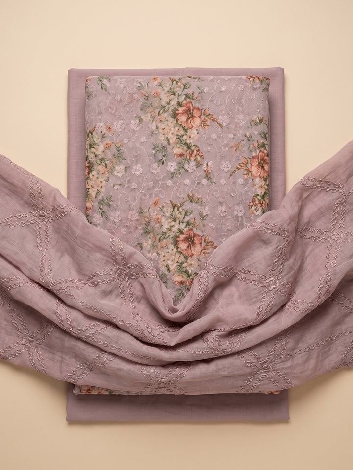 Pink Embroidered Cotton Blend Unstitched Suit &amp; Pant With Cotton Dupatta