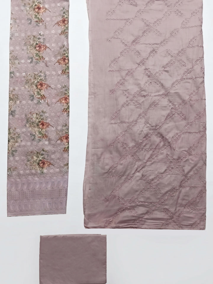 Pink Embroidered Cotton Blend Unstitched Suit &amp; Pant With Cotton Dupatta