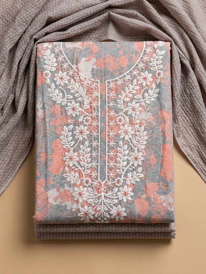 Peach Embroidered Cotton Blend Unstitched Suit With Pant &amp; Dupatta