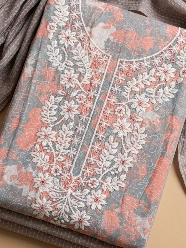 Peach Embroidered Cotton Blend Unstitched Suit With Pant &amp; Dupatta