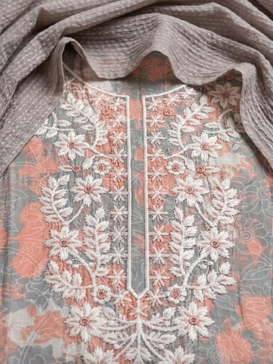 Peach Embroidered Cotton Blend Unstitched Suit With Pant &amp; Dupatta