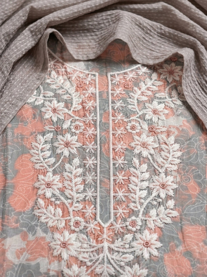 Peach Embroidered Cotton Blend Unstitched Suit With Pant &amp; Dupatta
