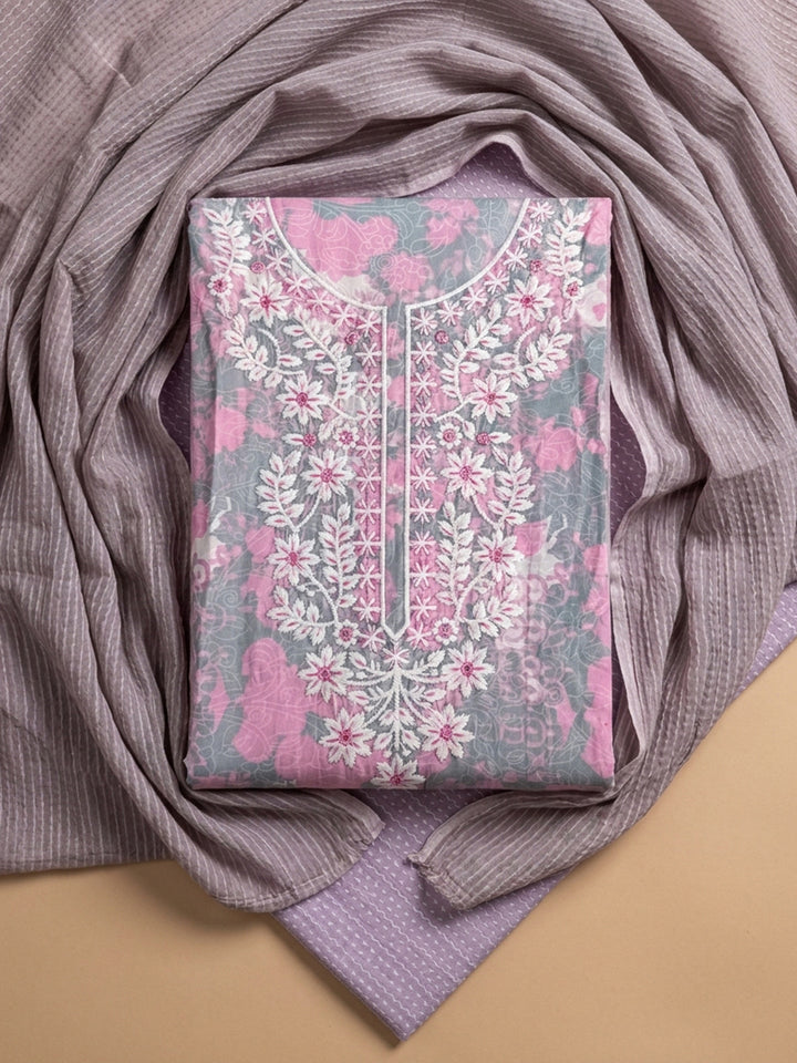 Pink Embroidered Cotton Blend Unstitched Suit With Pant &amp; Dupatta