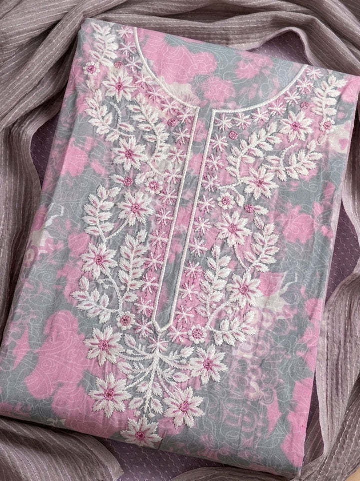 Pink Embroidered Cotton Blend Unstitched Suit With Pant &amp; Dupatta