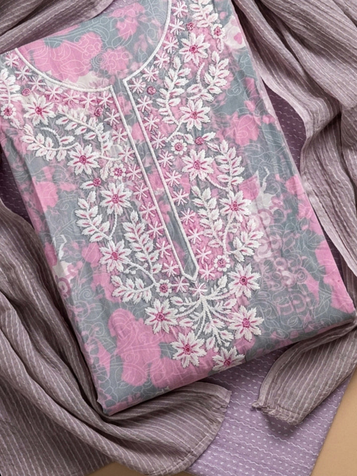 Pink Embroidered Cotton Blend Unstitched Suit With Pant &amp; Dupatta