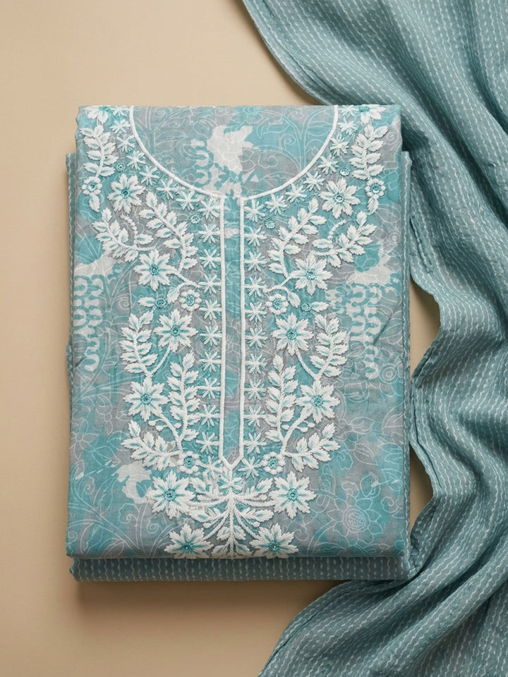 Sea Green Embroidered Cotton Blend Unstitched Suit With Pant &amp; Dupatta