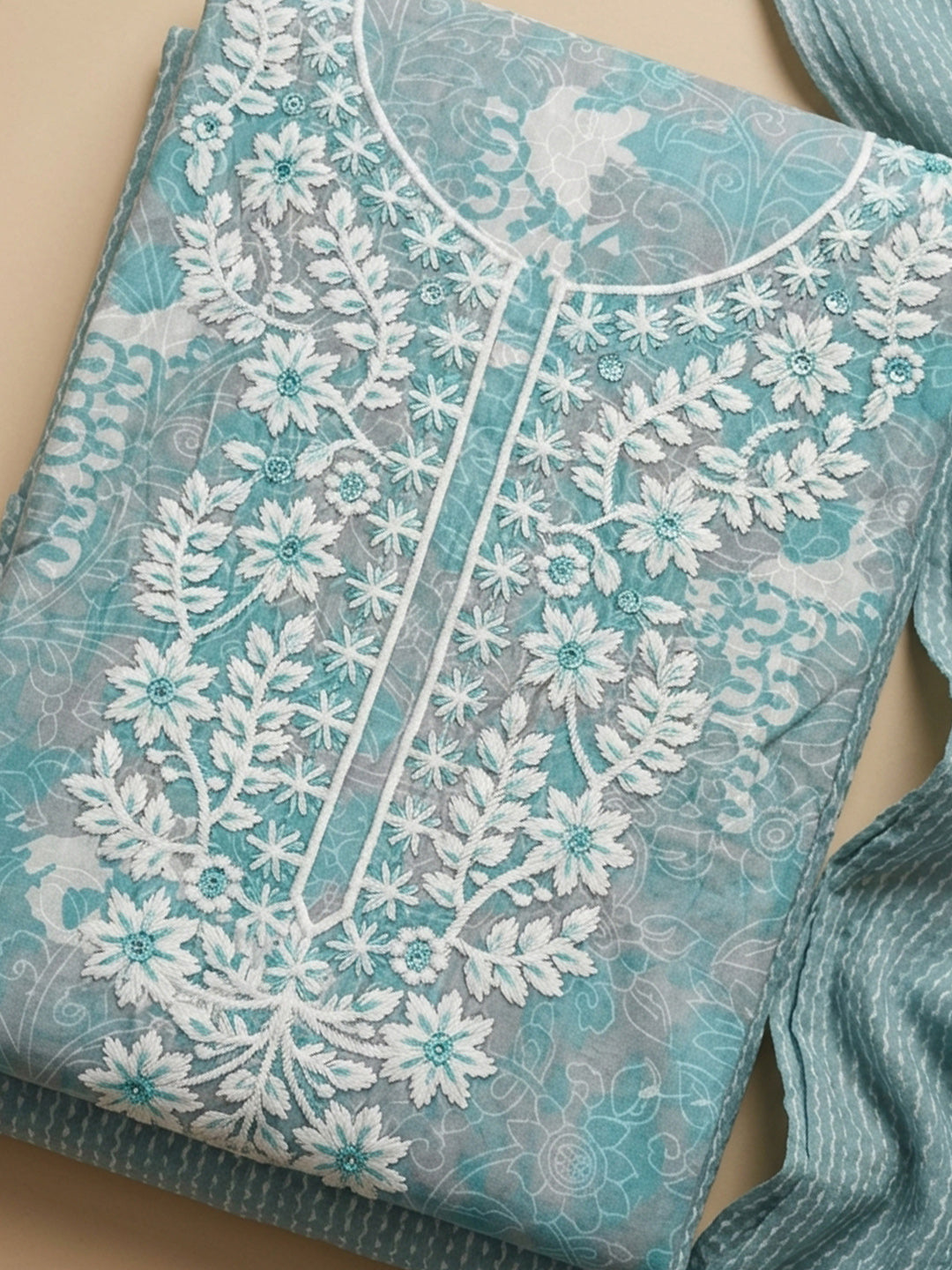 Sea Green Embroidered Cotton Blend Unstitched Suit With Pant &amp; Dupatta