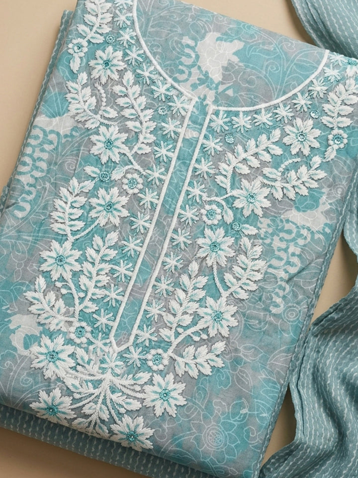 Sea Green Embroidered Cotton Blend Unstitched Suit With Pant &amp; Dupatta