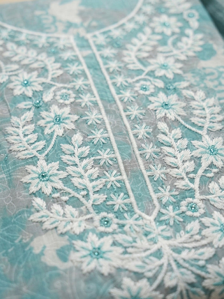 Sea Green Embroidered Cotton Blend Unstitched Suit With Pant &amp; Dupatta